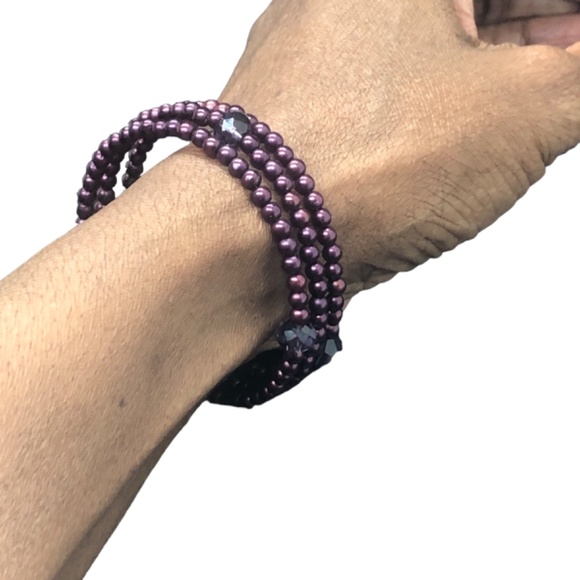Eggplant Purple Faux Pearl 3 Coil Strand Wrap Bracelet - Picture 15 of 15